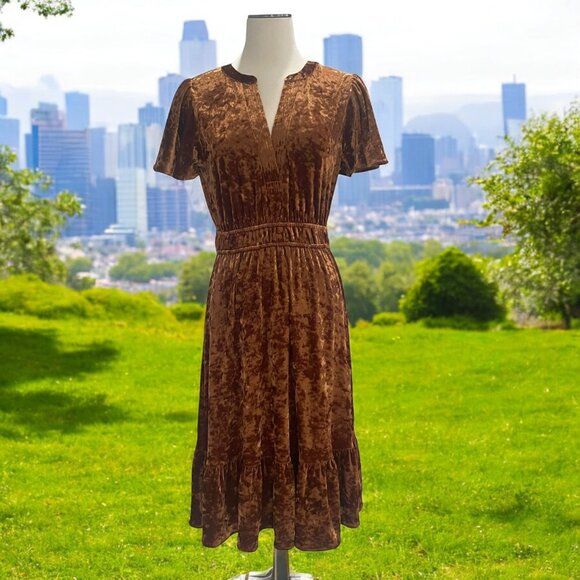 Mystree S Crushed Velvet Midi Dress Ruffled Hem Elastic Waist Boho Retro Elegant - Picture 1 of 13